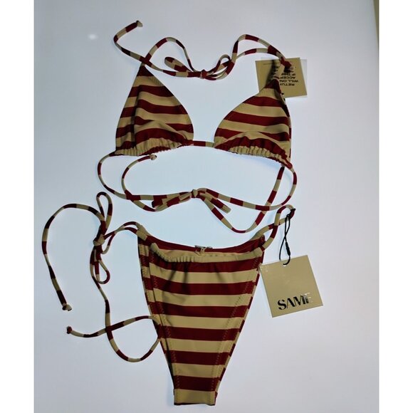 SAME LOS ANGELES Set 2pc Bikiny Swim Top Mediu Bottom High Weist Stripeed burgan - Picture 8 of 10